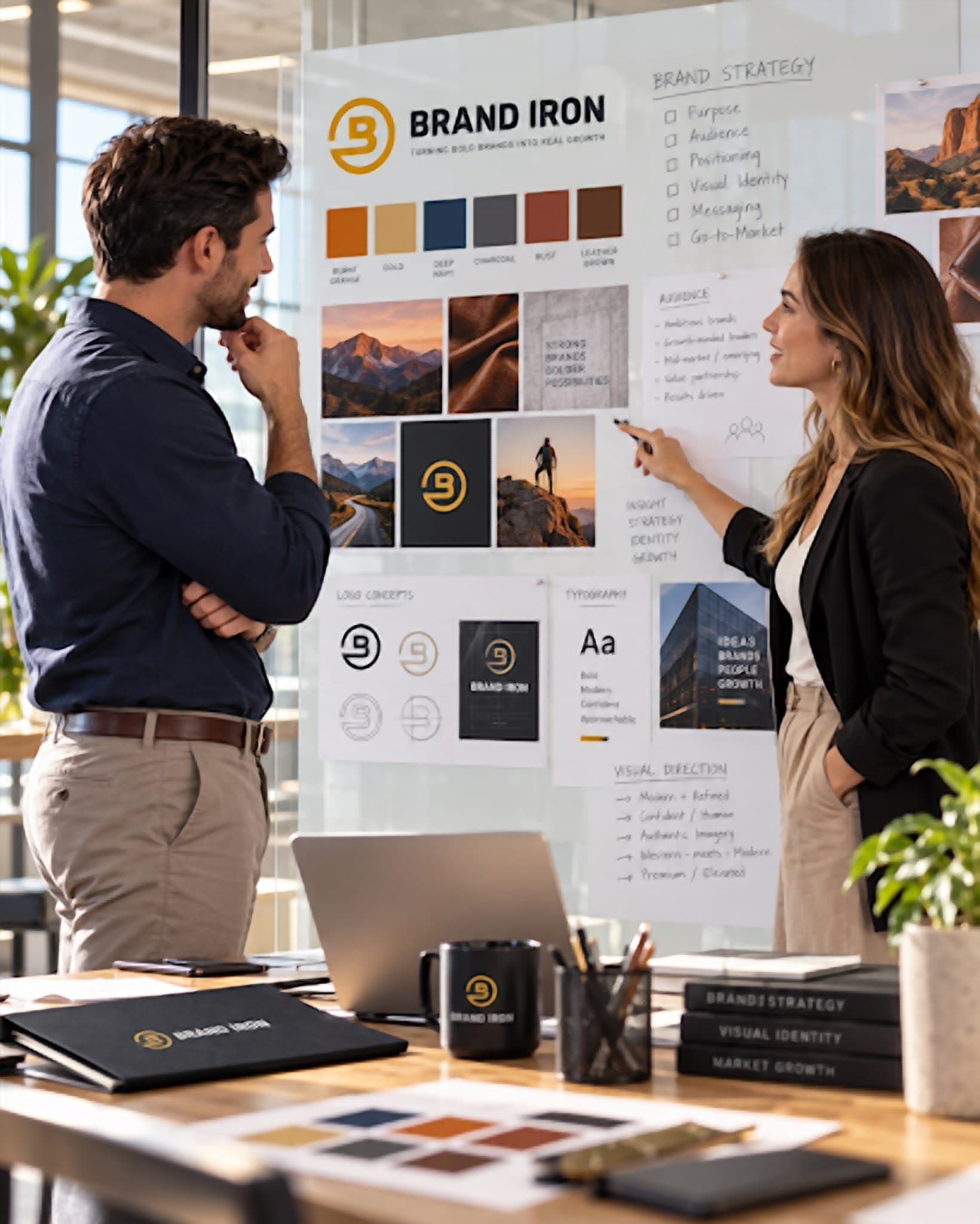 Two colleagues discussing brand strategy and visual identity in front of a moodboard wall in a bright office