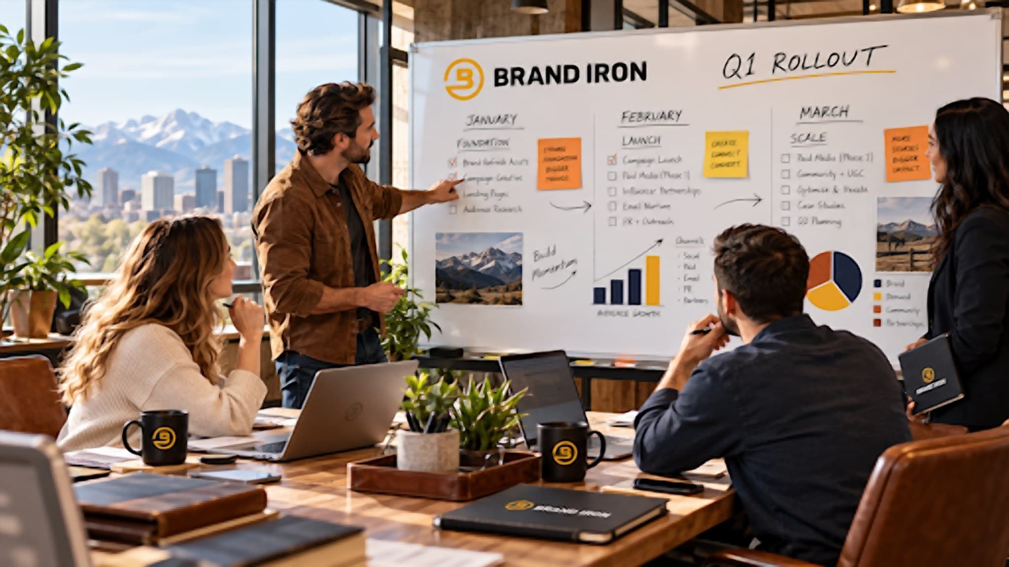 A team collaborating around a Q1 rollout whiteboard plan in a bright office with mountain views